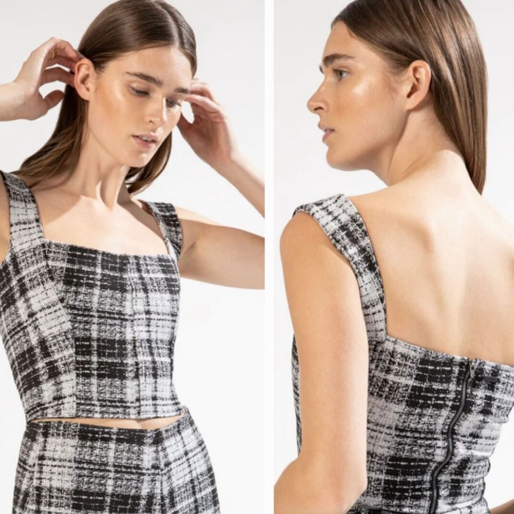 ONA by Yoon Chung Black White Carbon Plaid Square Neck Sleeveless Top Small